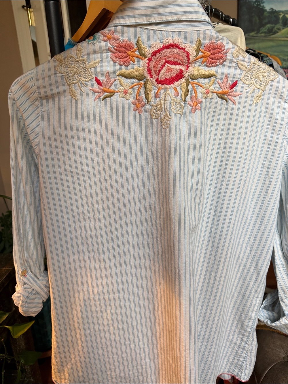 Johnny Was Light Blue & White Striped Embroidered Floral Button-Up Blouse - Picture 3 of 3